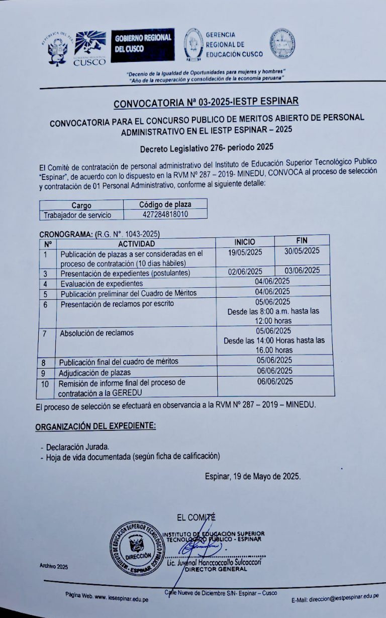 CONVOCATORIA 003- 2025 – IESTP ESPINAR